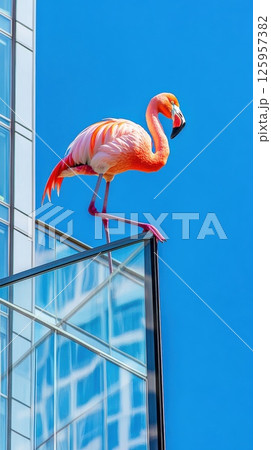 Flamingo perched on glass railing of urban penthouse against vivid blue sky 125957382