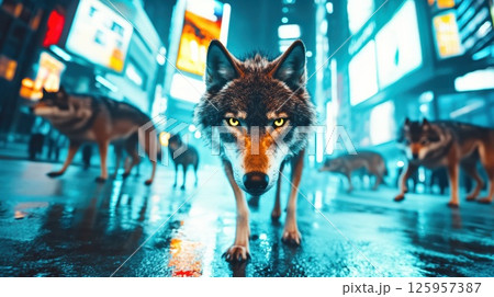 Wolves prowl through deserted city streets at night under neon lights Wolves prowl through deserted city streets at night under neon lights 125957387