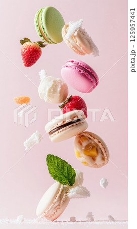 Colorful French Macaroons Floating Above Strawberries and Cream on a Soft Pink Background for a Delicious Dessert and Sweet Treat Concept Colorful French Macaroons Floating Above Strawberries and Cream on a Soft Pink Background for a Delicious Dessert and Sweet Treat Concept 125957441