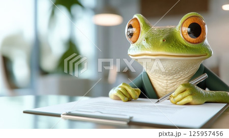 An anthropomorphic frog dressed in a tailored dark green suit intently reviews a printed contract at a modern office desk. A sleek fountain pen is poised in one hand, ready to sign An anthropomorphic frog dressed in a tailored dark green suit intently reviews a printed contract at a modern office desk. A sleek fountain pen is poised in one hand, ready to sign 125957456