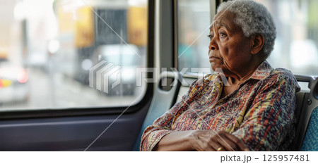 An elderly African American woman sits alone on a nearly empty bus, gazing out at the blurred cityscape. Her distant expression signifies deep reflection and solitude, emphasizing themes of aging An elderly African American woman sits alone on a nearly empty bus, gazing out at the blurred cityscape. Her distant expression signifies deep reflection and solitude, emphasizing themes of aging 125957481
