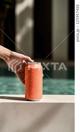 Hand gripping a silver energy drink can after workout with pink neon glow and sweat 125957488