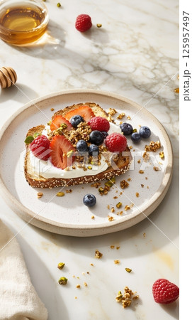 Toasted multigrain bread layered with creamy yogurt, topped with fresh mixed berries, crunchy granola, and chopped pistachios creating colorful healthy breakfast 125957497