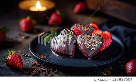 Chocolate hearts dusted with gold leaf, nestled on dark plate beside ripe strawberries, illuminated by soft candlelight's romantic glow 125957504