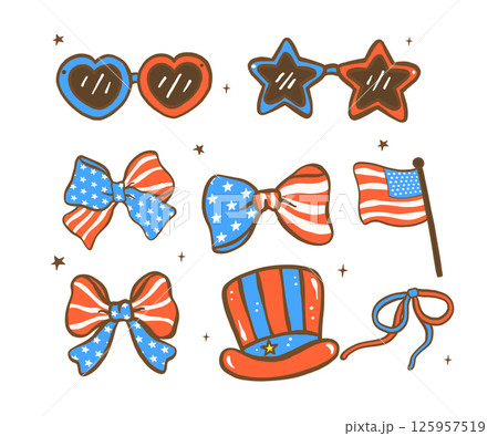 Group of 4th of July American Flag, Hat, sunglassses and Bow Hand Drawn Doodle Illustration Group of 4th of July American Flag, Hat, sunglassses and Bow Hand Drawn Doodle Illustration 125957519