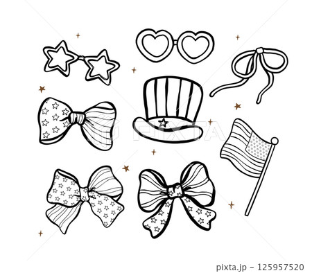 Group of 4th of July American Flag, Hat, sunglassses and Bow Outline Hand Drawn Doodle Illustration 125957520