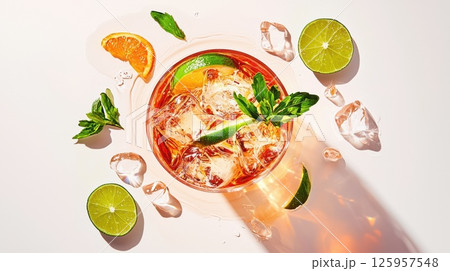 Vibrant Mai Tai cocktail in a transparent glass with citrus garnish and holographic glow 125957548