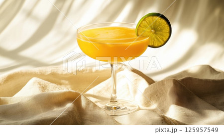 Elegant mango daiquiri in a matte crystal coupe glass on soft linen with golden daylight glow Elegant mango daiquiri in a matte crystal coupe glass on soft linen with golden daylight glow 125957549