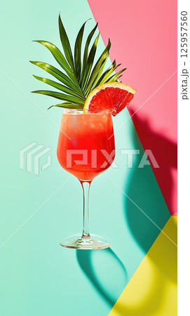 Layered Tropical Sunrise cocktail with vibrant colors against fun abstract background Layered Tropical Sunrise cocktail with vibrant colors against fun abstract background 125957560
