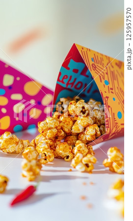 Chili dusted popcorn cascading from colorful paper cones, scattering across pristine white background with zesty, appetizing appeal 125957570
