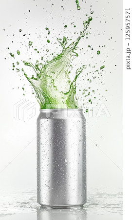 Dynamic silver energy drink can bursting with green splashes against clean white background 125957571