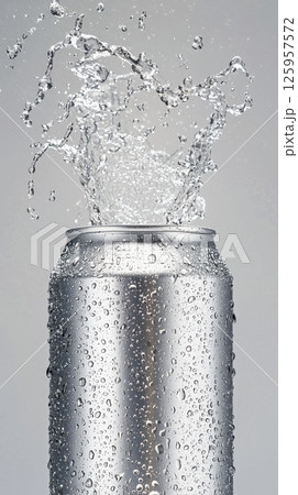 Refreshing silver aluminum energy drink can with mist and droplets emphasizing pure refreshment 125957572