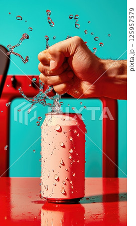 Strong hand grips a cold energy drink can with droplets bursting in vibrant gym setting Strong hand grips a cold energy drink can with droplets bursting in vibrant gym setting 125957579