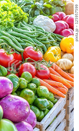Bright sunlight bathes a farmers market stand filled with organic vegetables Bright sunlight bathes a farmers market stand filled with organic vegetables 125957599