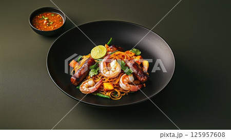 Char Kway Teow served with sambal and lime, highlighting Malaysian street food artistry Char Kway Teow served with sambal and lime, highlighting Malaysian street food artistry 125957608