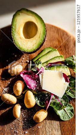 Ultra-realistic close-up of a gourmet keto salad with creamy avocado and pili nuts 125957617