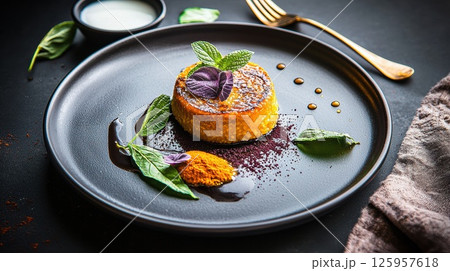 Richly detailed Kuih Seri Muka served on a matte black plate with coconut milk and pandan leaves 125957618