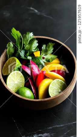 Kerabu mangga served in rustic wooden bowl, highlighting freshness and vibrant colors 125957619