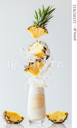 Super realistic representation of a pina colada cocktail with splashes of vibrant pineapple juice 125957631
