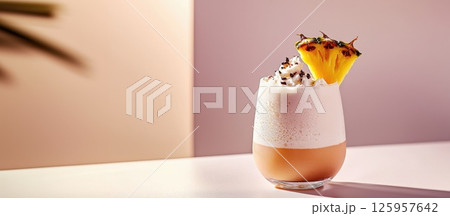 Tropical cocktail of coconut cream and pineapple juice splashing against a minimalist backdrop Tropical cocktail of coconut cream and pineapple juice splashing against a minimalist backdrop 125957642