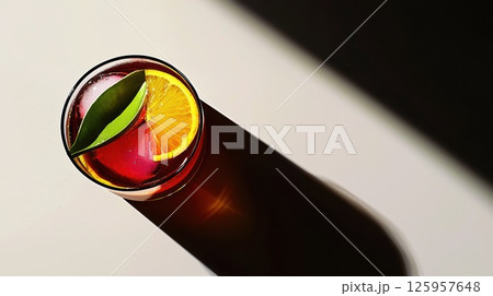 Futuristic planters punch cocktail glowing in geometric glass with vibrant orange accents 125957648