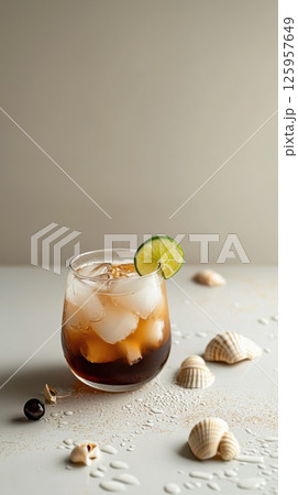 Chilled Ti Punch cocktail with seashells on a minimalist marine-inspired background 125957649