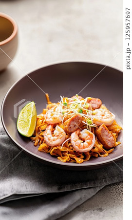 Delicious Char Kway Teow showcasing Malaysian flavors with shrimp and sausage Delicious Char Kway Teow showcasing Malaysian flavors with shrimp and sausage 125957697