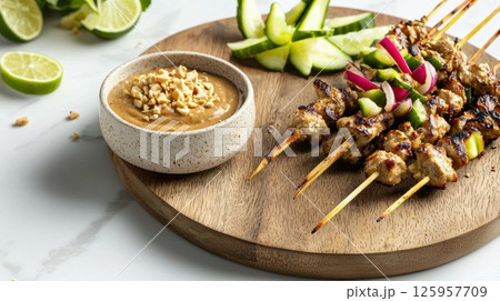Juicy Malaysian satay skewers with peanut sauce and fresh vegetables on a rustic wooden plate Juicy Malaysian satay skewers with peanut sauce and fresh vegetables on a rustic wooden plate 125957709