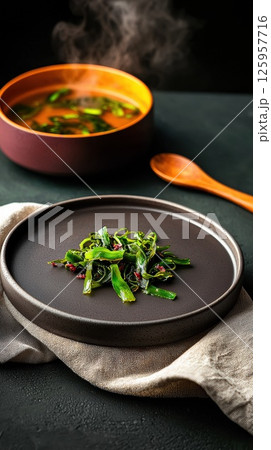 Crispy seaweed chips on rustic plate beside bowl of steaming soup Crispy seaweed chips on rustic plate beside bowl of steaming soup 125957716