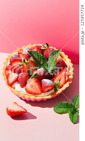 Beautifully arranged spring strawberry tart with creamy filling and fresh mint leaves Beautifully arranged spring strawberry tart with creamy filling and fresh mint leaves 125957724