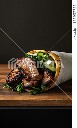 Experience authentic Greek gyros wrapped in warm pita with grilled meat and fresh vegetables Experience authentic Greek gyros wrapped in warm pita with grilled meat and fresh vegetables 125957725