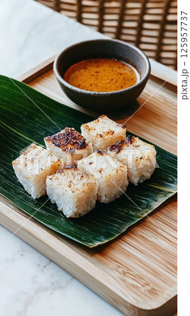 Deliciously prepared lemang served on banana leaves with spiced coconut sauce Deliciously prepared lemang served on banana leaves with spiced coconut sauce 125957737
