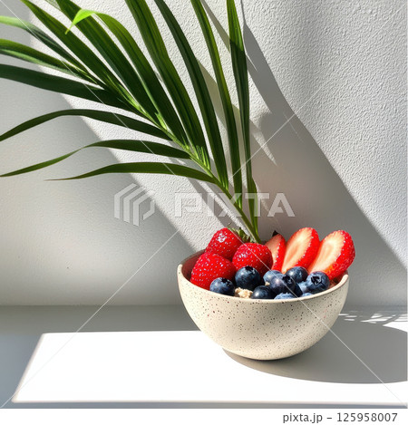 Vibrant bowl filled with fresh strawberries and blueberries, complemented by green leaf, creates refreshing breakfast scene Vibrant bowl filled with fresh strawberries and blueberries, complemented by green leaf, creates refreshing breakfast scene 125958007