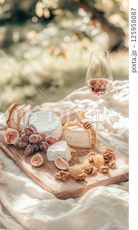 Cheese and wine picnic featuring assorted French cheeses under natural daylight Cheese and wine picnic featuring assorted French cheeses under natural daylight 125958087
