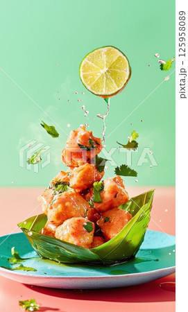 Experience the vibrant flavors of Otak-Otak with fresh lime and herbs in this street food delight Experience the vibrant flavors of Otak-Otak with fresh lime and herbs in this street food delight 125958089
