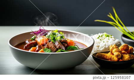 Captivating close-up of Bak Kut Teh with tender meat, rice, and fried dough in a traditional setting Captivating close-up of Bak Kut Teh with tender meat, rice, and fried dough in a traditional setting 125958107