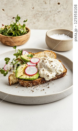Hyper-realistic gourmet avocado toast with radish and microgreens on sourdough bread Hyper-realistic gourmet avocado toast with radish and microgreens on sourdough bread 125958108