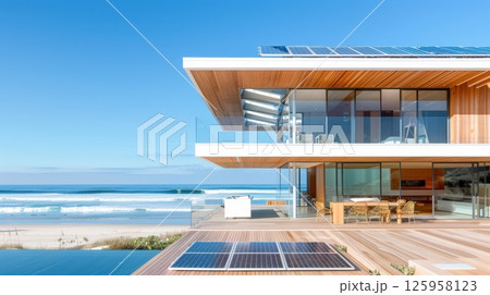 Luxury eco-friendly beach house with modern architecture and ocean view captured in natural light Luxury eco-friendly beach house with modern architecture and ocean view captured in natural light 125958123