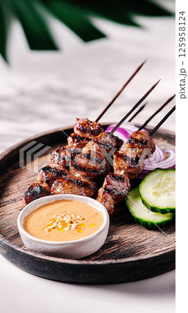 Deliciously grilled satay skewers served with peanut sauce and fresh vegetables 125958124