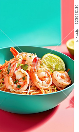 Delicious Malaysian Char Kway Teow with Prawns and Bean Sprouts Served with Lime Delicious Malaysian Char Kway Teow with Prawns and Bean Sprouts Served with Lime 125958130