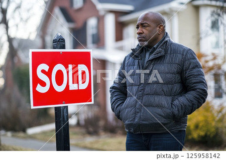 A middle-aged African American man stands outside his former home, hands in pockets, staring at a bright red SOLD sign, filled with regret over the sale A middle-aged African American man stands outside his former home, hands in pockets, staring at a bright red SOLD sign, filled with regret over the sale 125958142