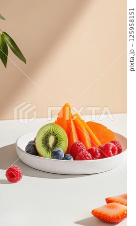 Vibrant spring fruit and berry mix arranged on a minimalist ceramic plate Vibrant spring fruit and berry mix arranged on a minimalist ceramic plate 125958151