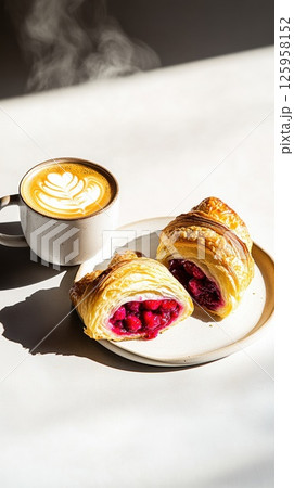 Golden flaky croissant with raspberry jam alongside steaming latte in soft morning light 125958152