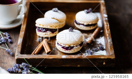 Delightful French Macaroons with Lavender Filling on a Wooden Tray Surrounded by Cinnamon Sticks and a Cup of Tea Capturing a Cozy Dessert Experience Concept 125958165