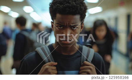 A teenage African American boy stands in a crowded school hallway, tense and scanning the area nervously. He grips his backpack straps tightly as he tries to avoid someone 125958166