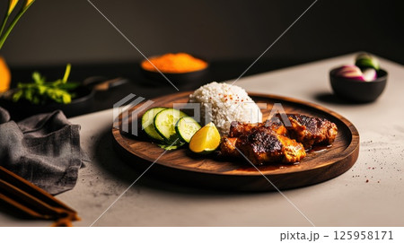 Delicious Ayam Percik served with jasmine rice and fresh vegetables in rustic presentation 125958171