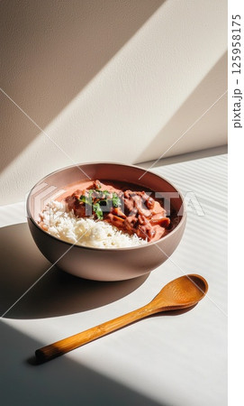 Warm Malaysian dish with coconut rice served in an inviting dining setting Warm Malaysian dish with coconut rice served in an inviting dining setting 125958175