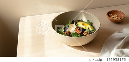 Fresh keto-friendly salad with avocado and pili nuts in a rustic setting 125958176