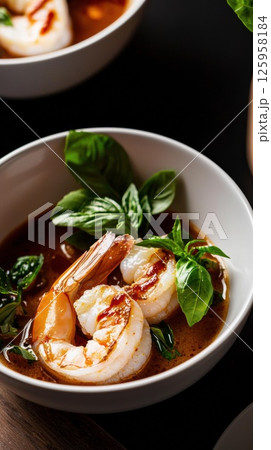 Delicious laksa lemak with shrimp and herbs presented in a bowl Delicious laksa lemak with shrimp and herbs presented in a bowl 125958184
