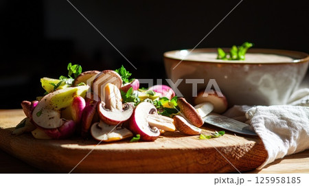 Freshly harvested mushrooms on a rustic cutting board with mushroom soup in the background Freshly harvested mushrooms on a rustic cutting board with mushroom soup in the background 125958185